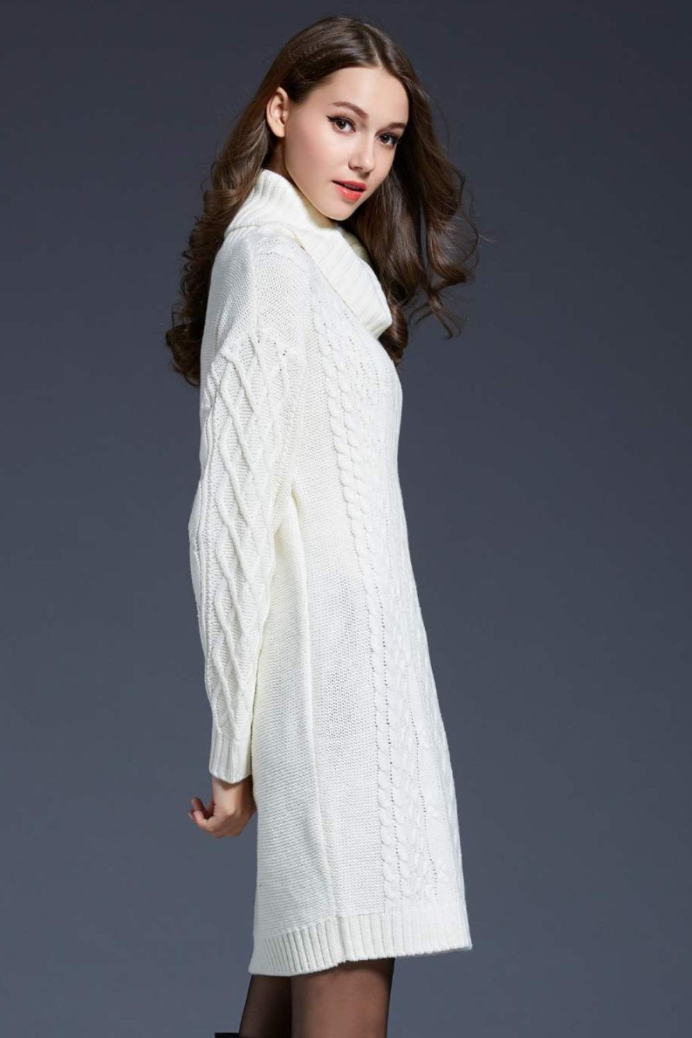 Woven Right Full Size Mixed Knit Cowl Neck Dropped Shoulder Sweater Dress - The Boutie Shop