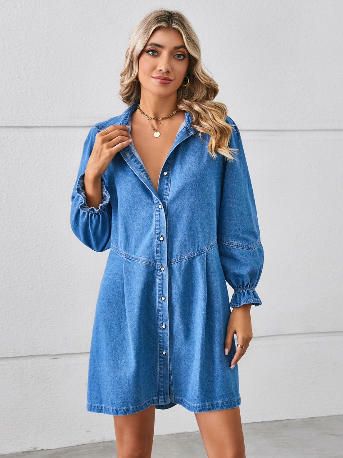 Button Up Flounce Sleeve Mini Denim Dress - The Boutie Shop