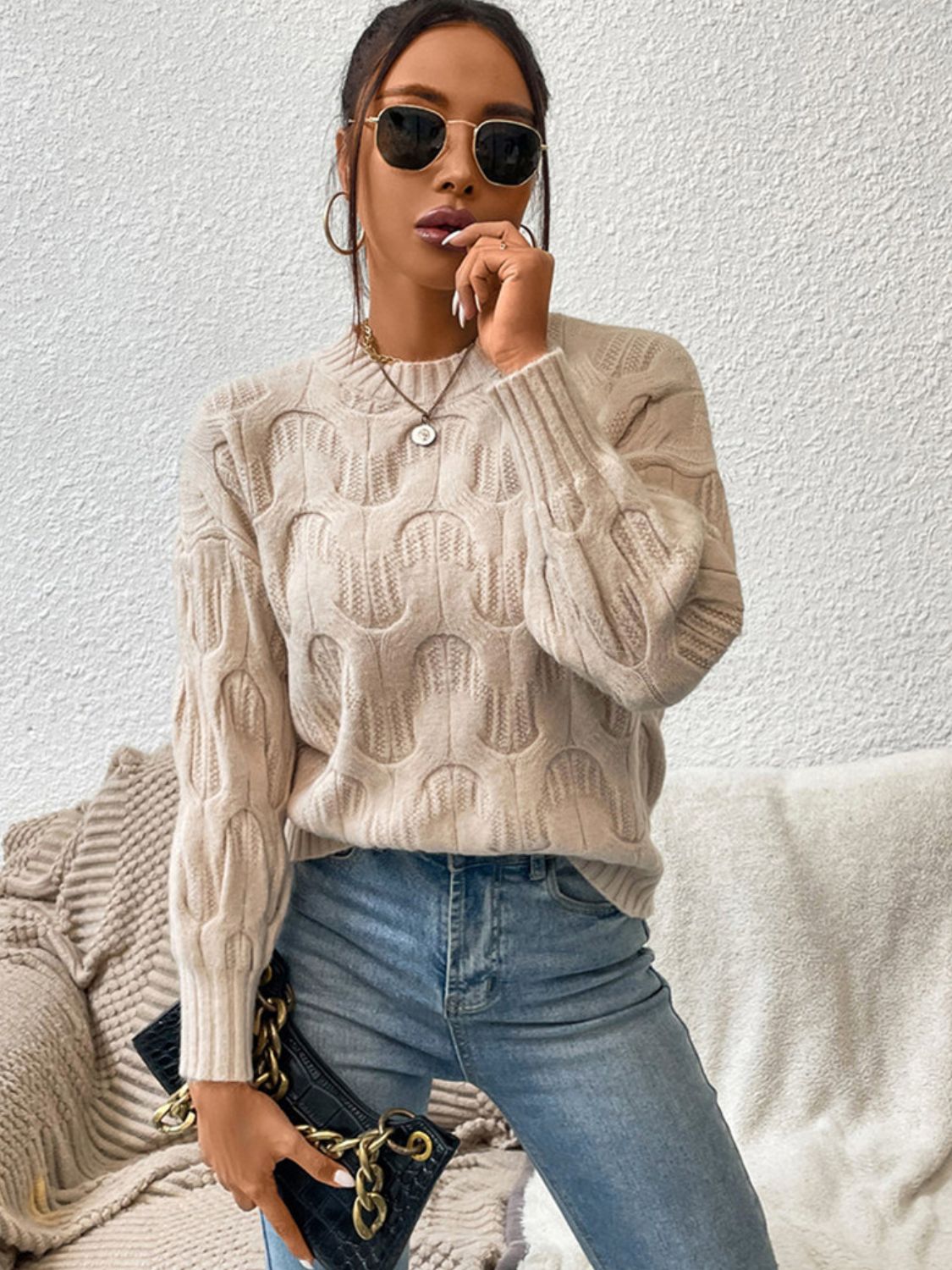 Round Neck Long Sleeve Sweater - The Boutie Shop