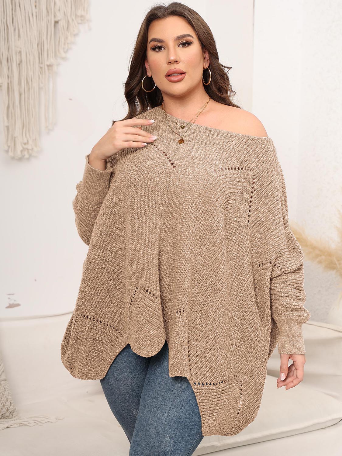 Plus Size Round Neck Batwing Sleeve Sweater - The Boutie Shop