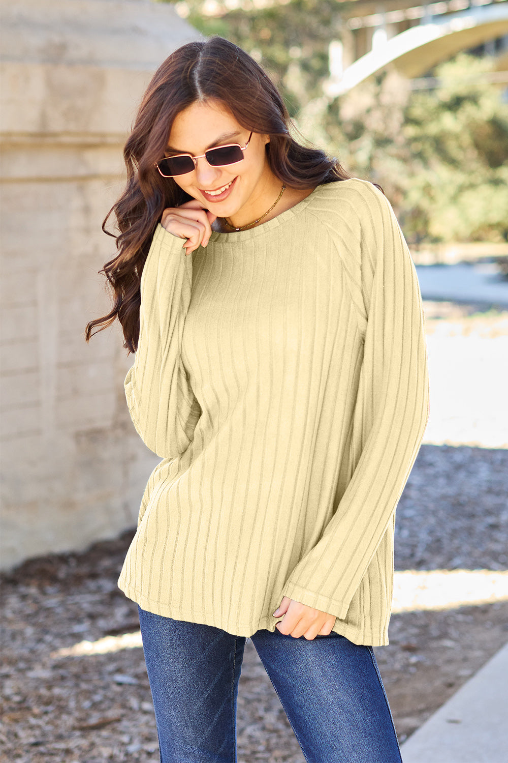 Basic Bae Full Size Ribbed Round Neck Long Sleeve Knit Top - The Boutie Shop