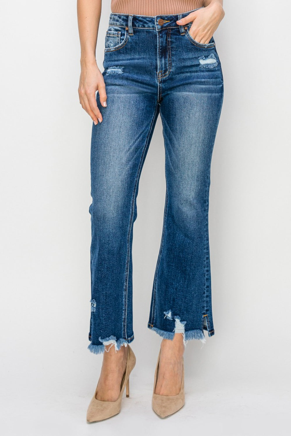 RISEN High Waist Raw Hem Flare Jeans - The Boutie Shop