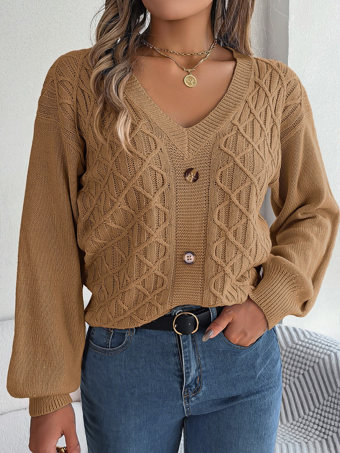 Cable-Knit V-Neck Lantern Sleeve Sweater - The Boutie Shop