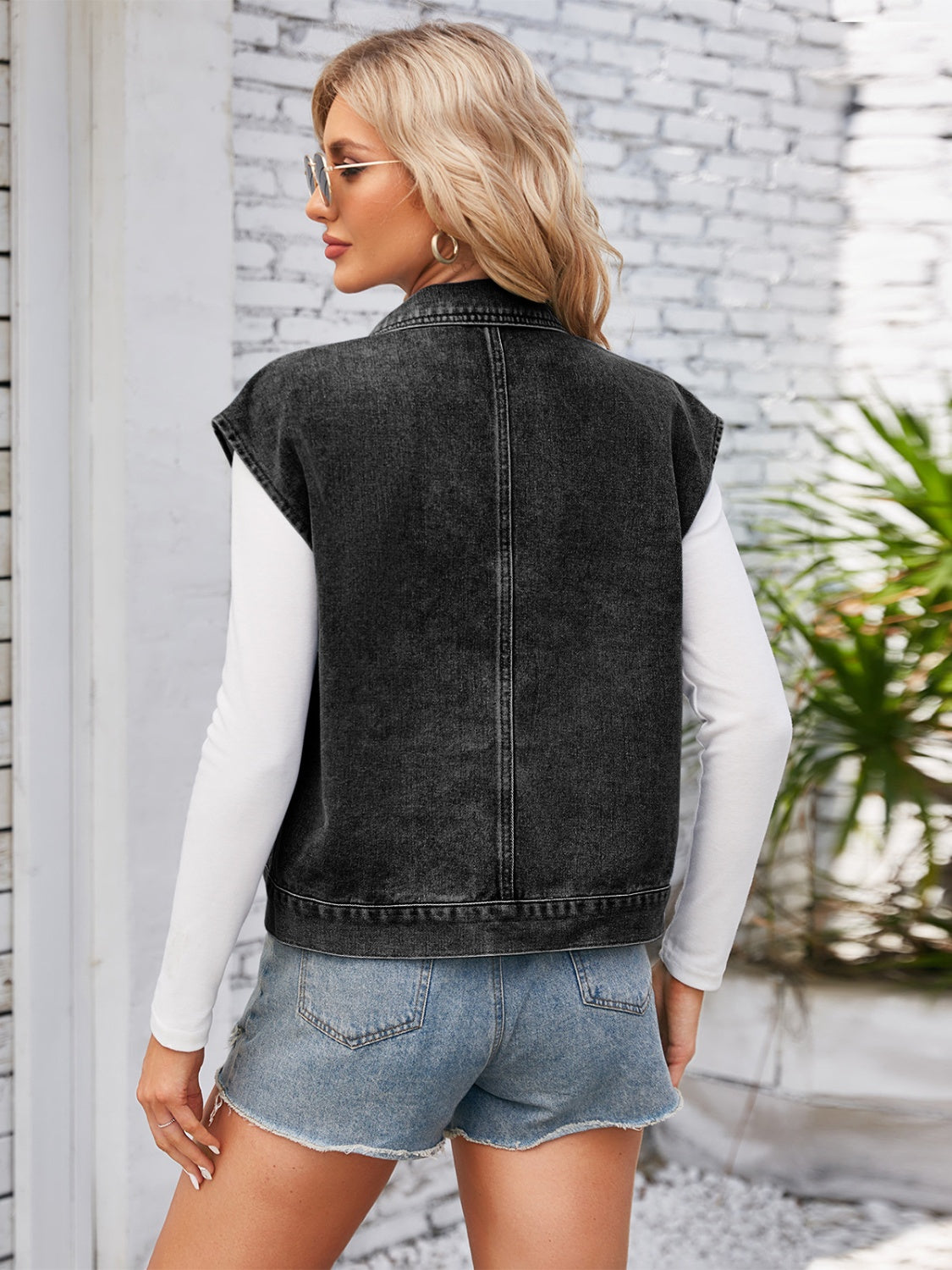 Cap Sleeve Denim Jacket with Pockets - The Boutie Shop