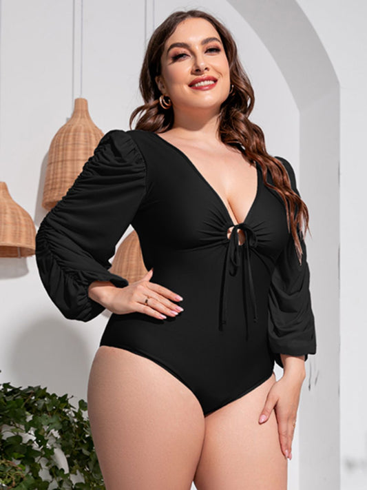 Plus Size Tied Deep V Balloon Sleeve One-Piece Swimsuit - The Boutie Shop