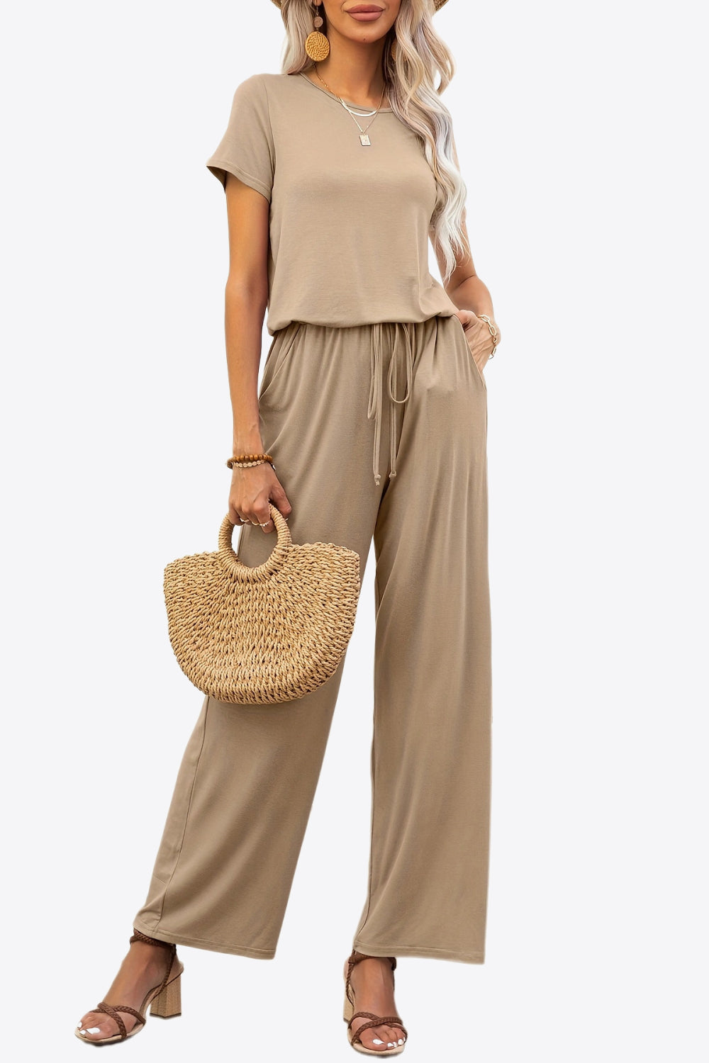 Round Neck Short Sleeve Jumpsuit with Pockets - The Boutie Shop