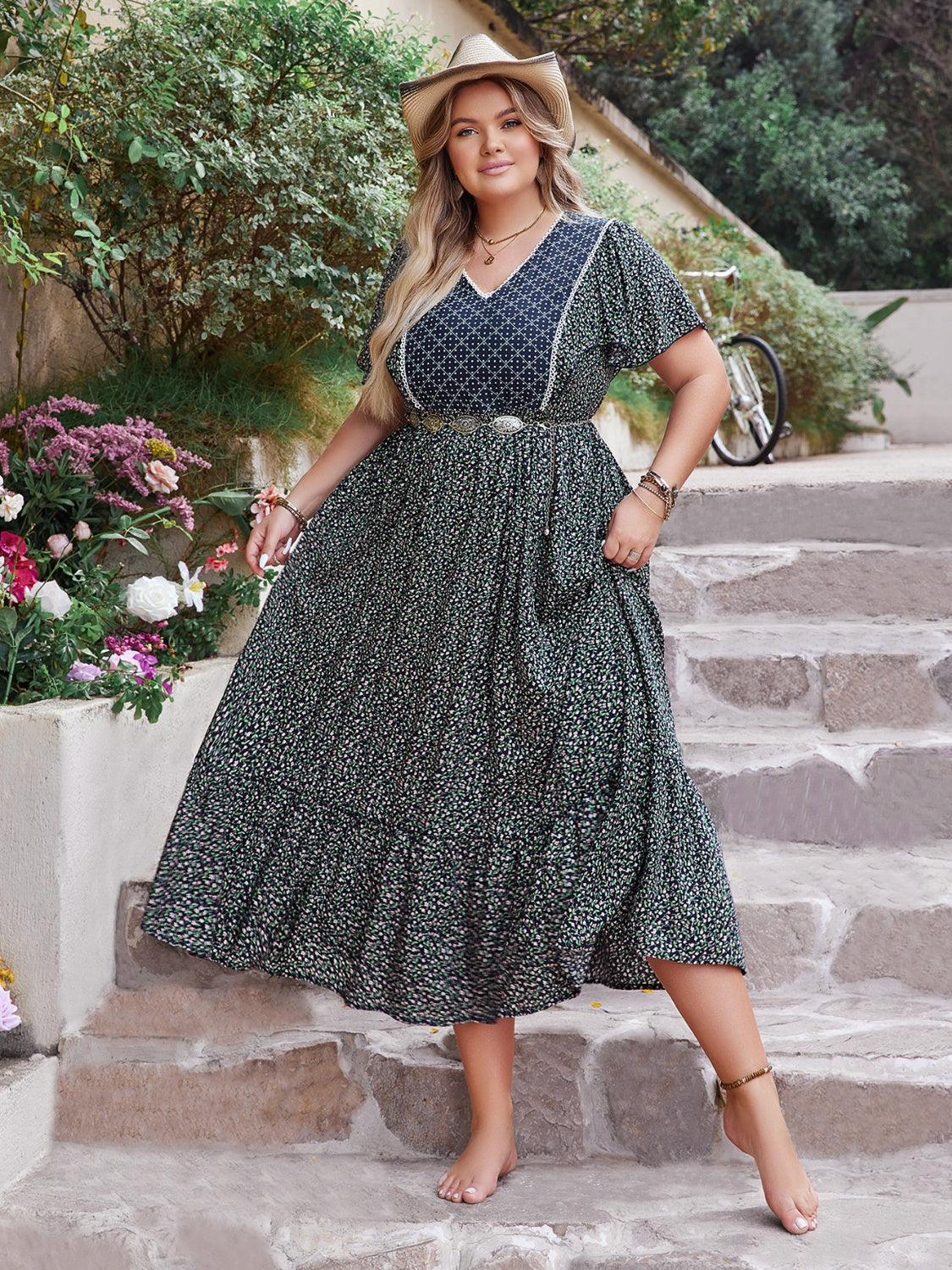 Plus Size Printed V-Neck Flutter Sleeve Midi Dress - The Boutie Shop