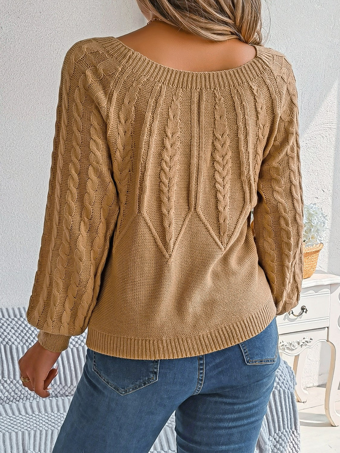 Cable-Knit Round Neck Long Sleeve Sweater - The Boutie Shop