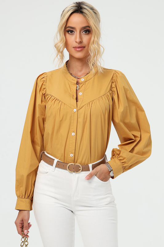 Ruched Button Up Long Sleeve Shirt - The Boutie Shop