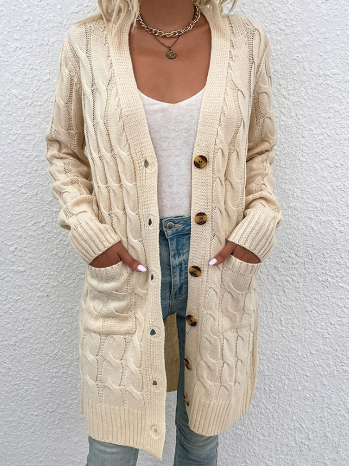 Cable-Knit Button Down Cardigan with Pockets - The Boutie Shop