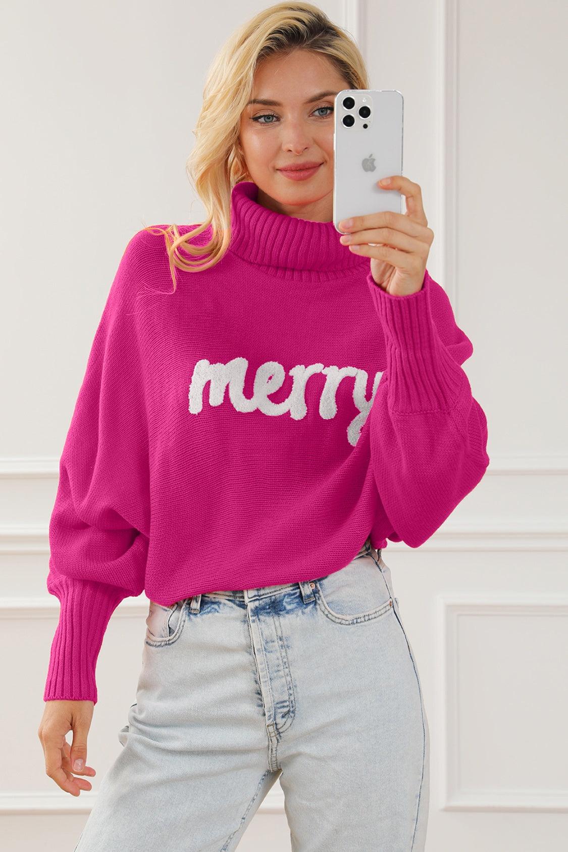 Merry Letter Embroidered High Neck Sweater - The Boutie Shop