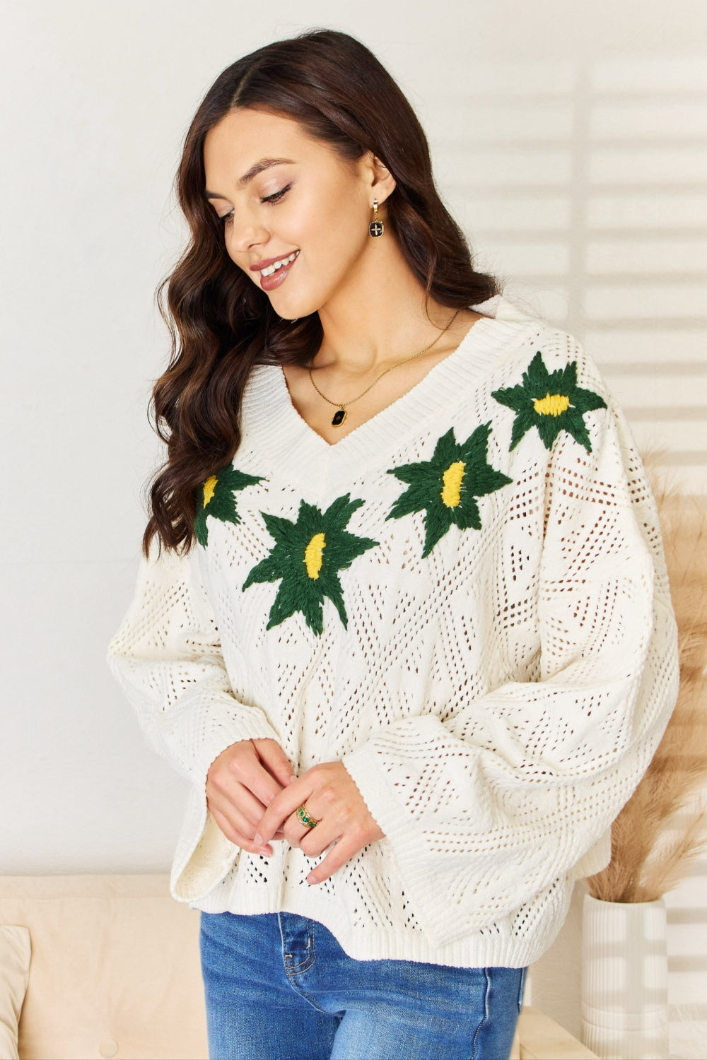 POL Floral Embroidered Pattern V-Neck Sweater - The Boutie Shop