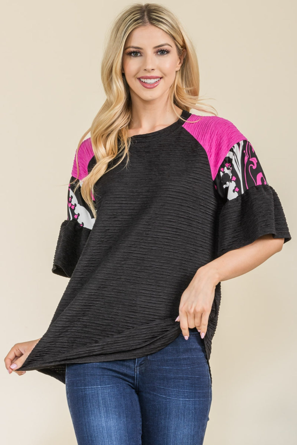 Celeste Full Size Texture Printed Color Block Top - The Boutie Shop