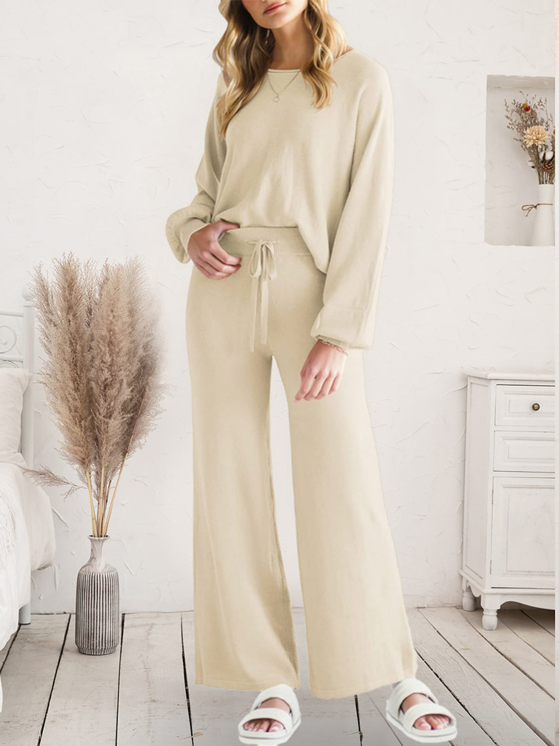 Long Sleeve Lounge Top and Drawstring Pants Set - The Boutie Shop