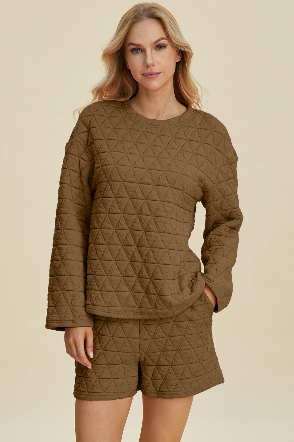 Double Take Full Size Texture Round Neck Long Sleeve Top and Shorts Set - The Boutie Shop