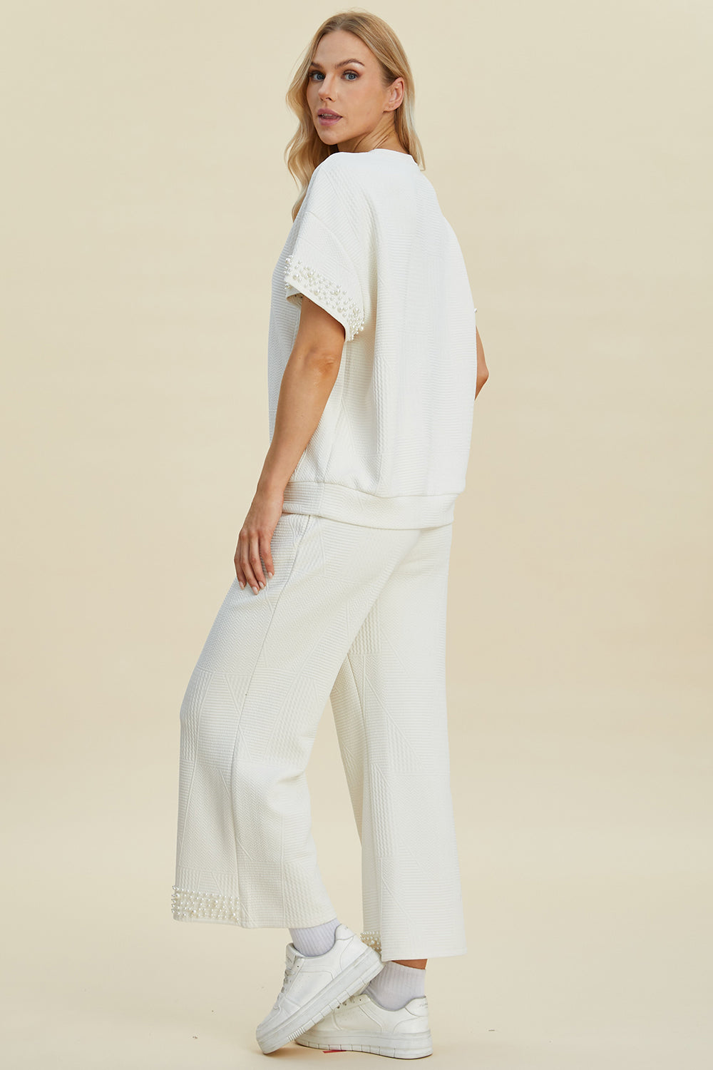 Double Take Full Size Pearl Detail Round Neck Top and Pants Set - The Boutie Shop