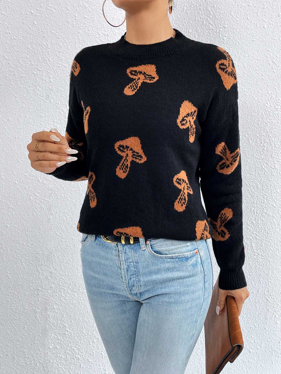 Patterned Drop Shoulder Sweater - The Boutie Shop