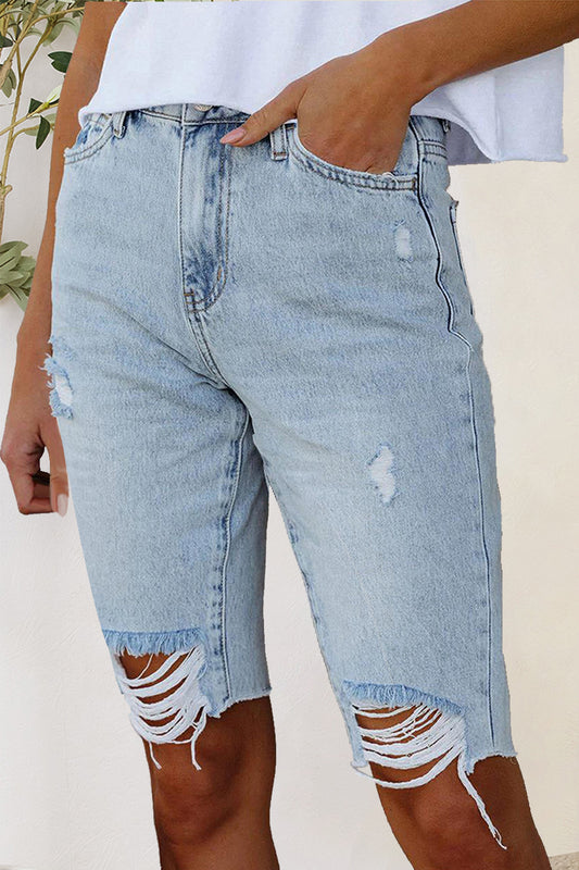 Distressed Raw Hem Denim Shorts - The Boutie Shop