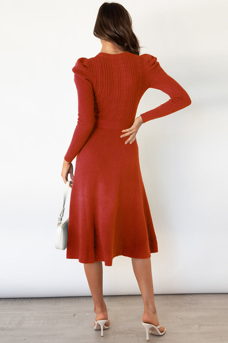 Round Neck Long Sleeve Tie Waist Sweater Dress - The Boutie Shop