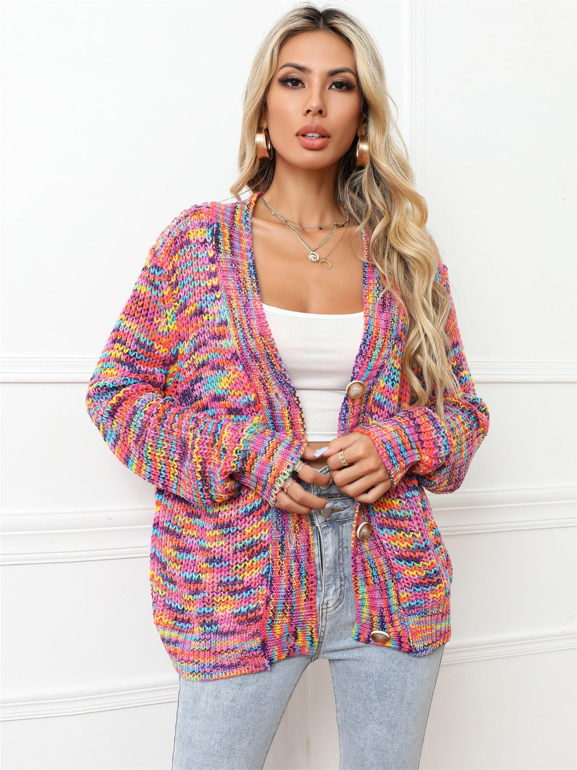 Angel Wings Button Up Dropped Shoulder Cardigan - The Boutie Shop