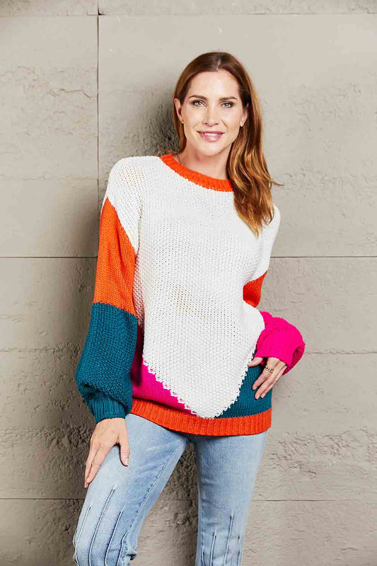 Angel Wings Color Block Round Neck Drop Shoulder Sweater - The Boutie Shop