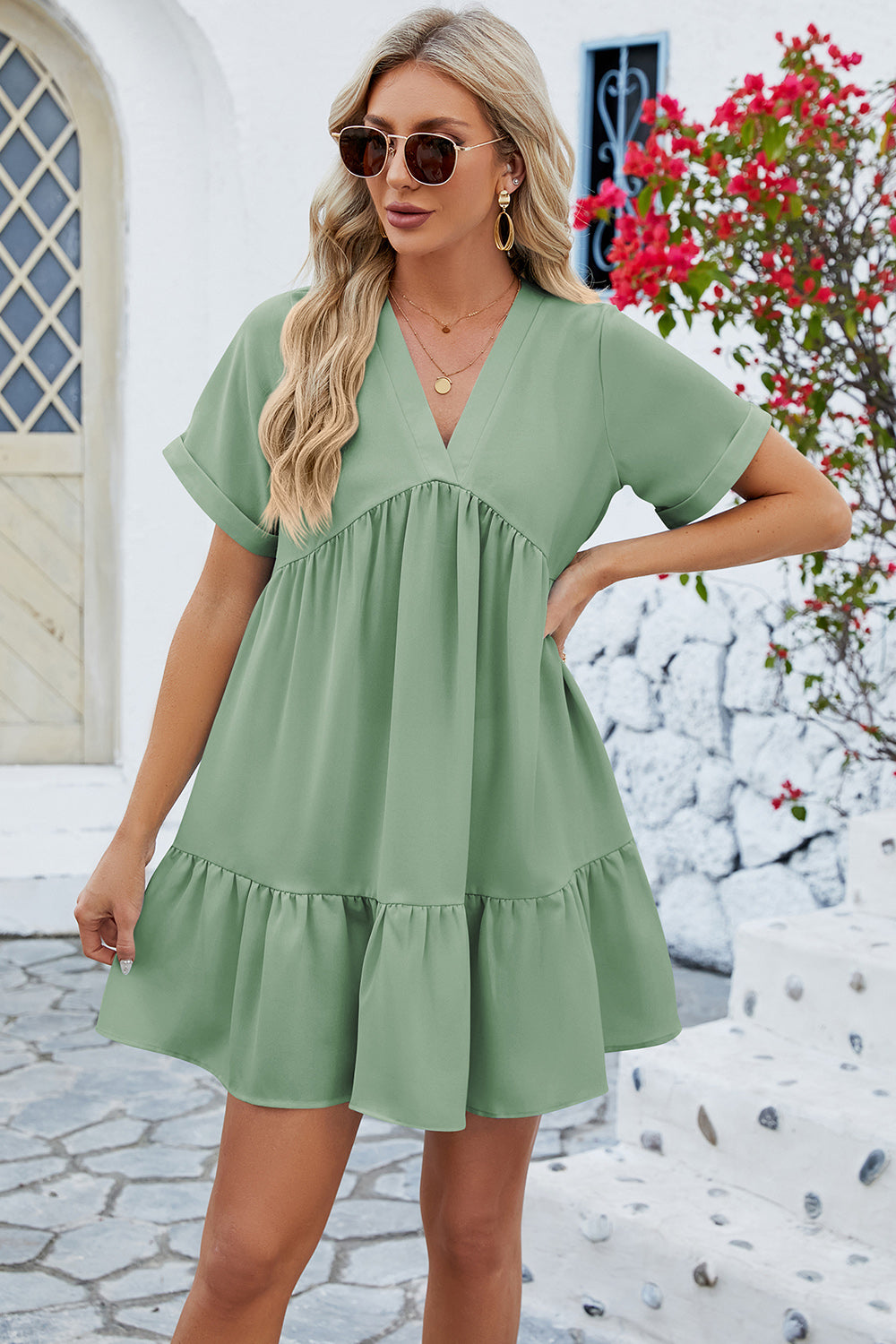 Ruched Tiered V-Neck Short Sleeve Mini Dress - The Boutie Shop