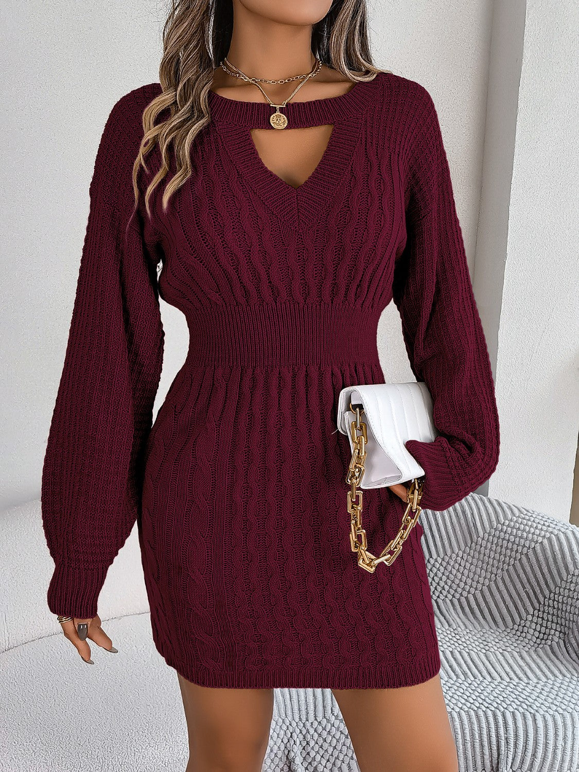 Cable-Knit Cutout Round Neck Slit Sweater Dress - The Boutie Shop