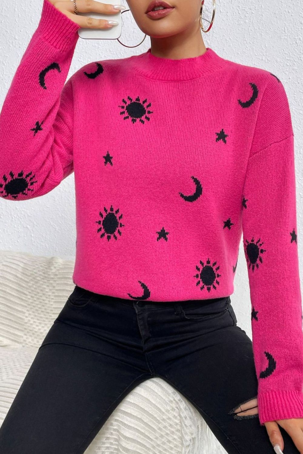 Graphic Mock Neck Dropped Shoulder Sweater - The Boutie Shop