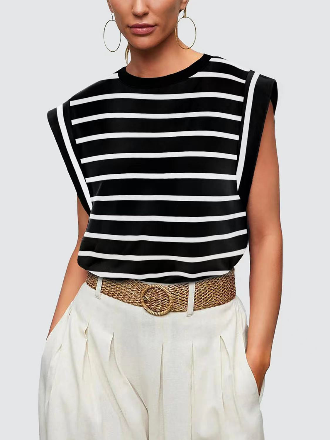 Striped Round Neck Cap Sleeve T-Shirt - The Boutie Shop