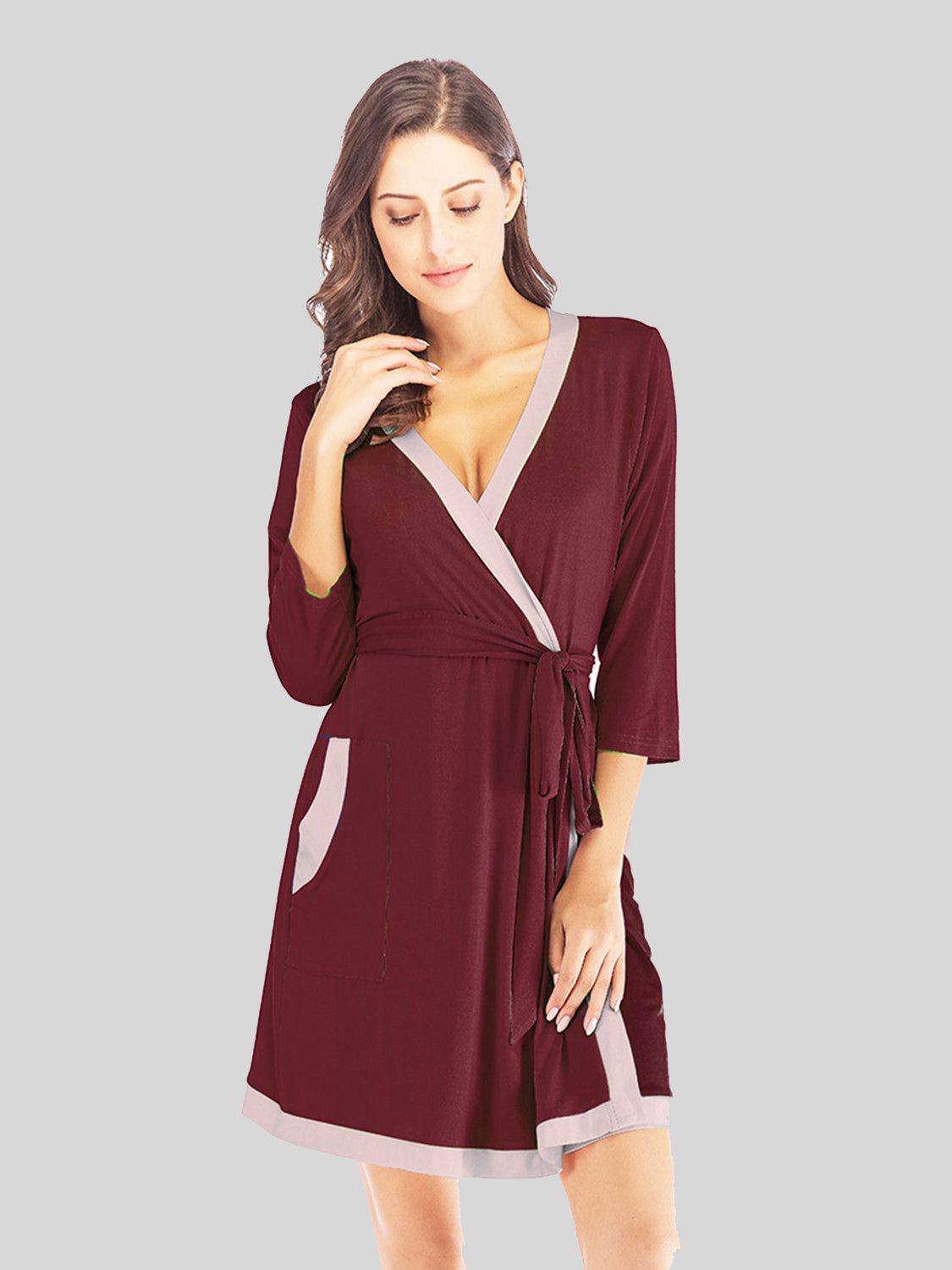 Tie Waist Surplice Neck Robe with Pockets - The Boutie Shop