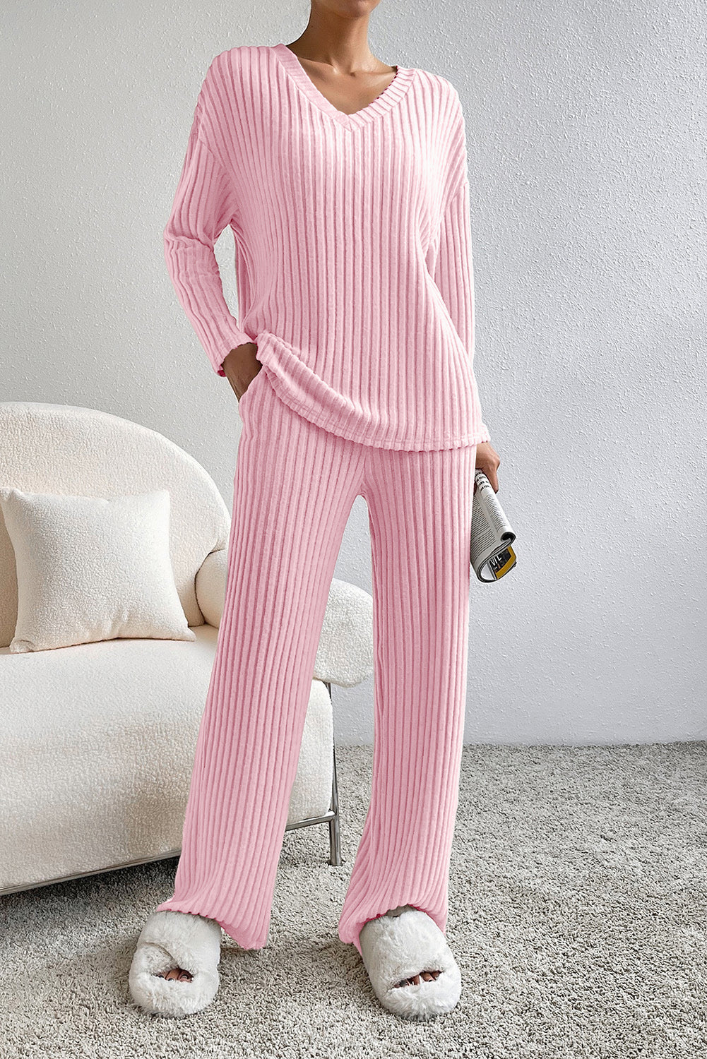 Ribbed V-Neck Top and Pants Lounge Set - The Boutie Shop