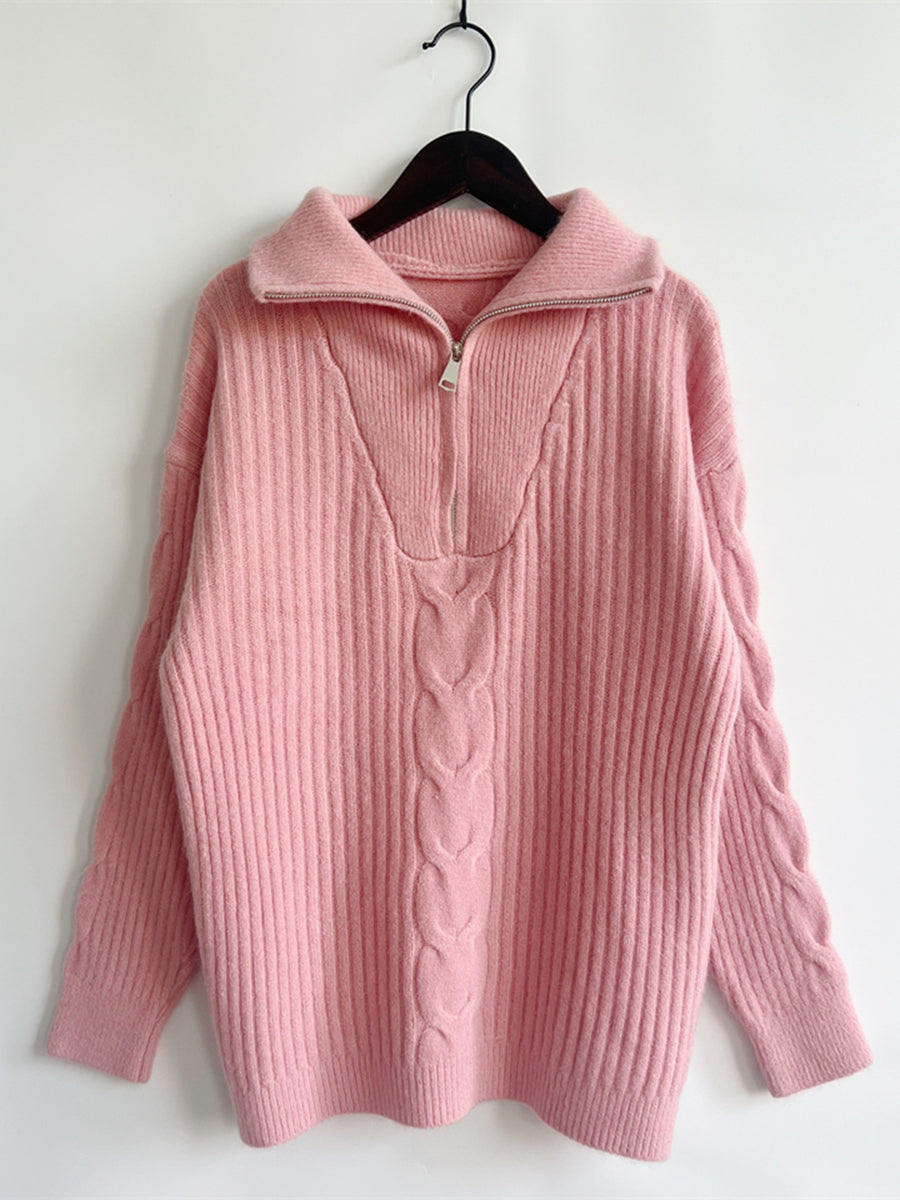 Ribbed Half Zip Long Sleeve Sweater - The Boutie Shop