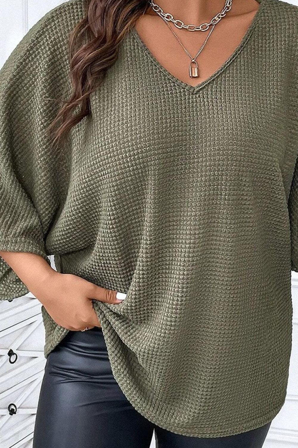 Plus Size Waffle-Knit V-Neck Blouse - The Boutie Shop