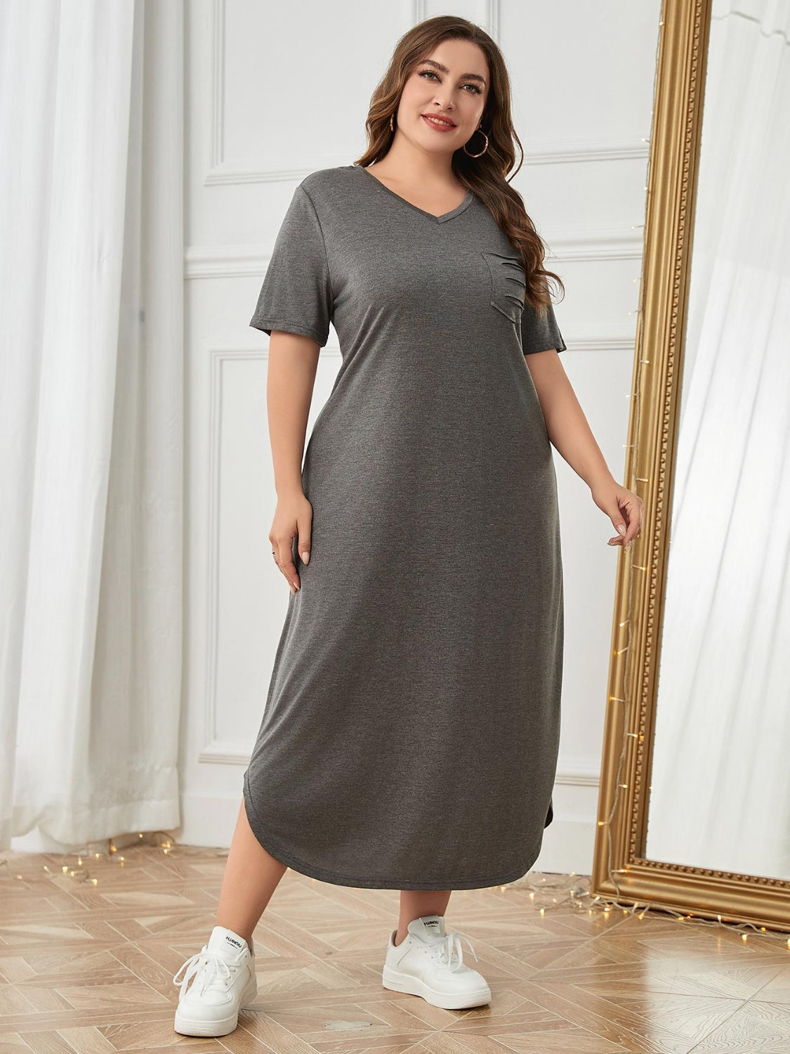 Plus Size Pocketed V-Neck Short Sleeve Lounge Dress - The Boutie Shop