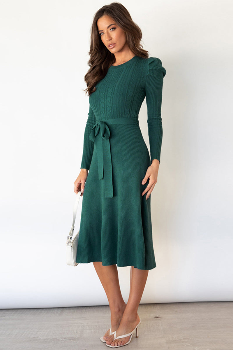 Round Neck Long Sleeve Tie Waist Sweater Dress - The Boutie Shop