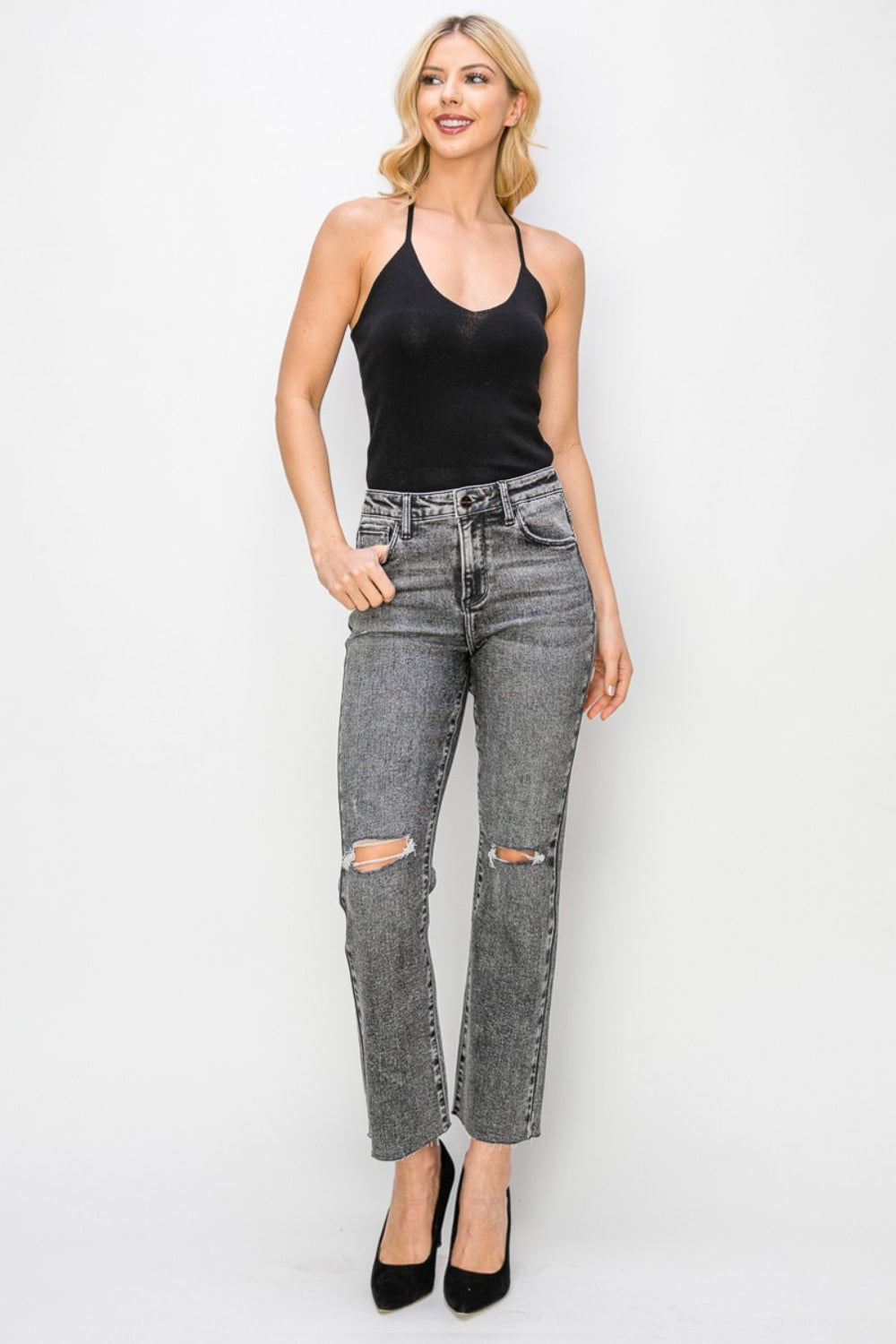 RISEN High Waist Distressed Straight Jeans - The Boutie Shop