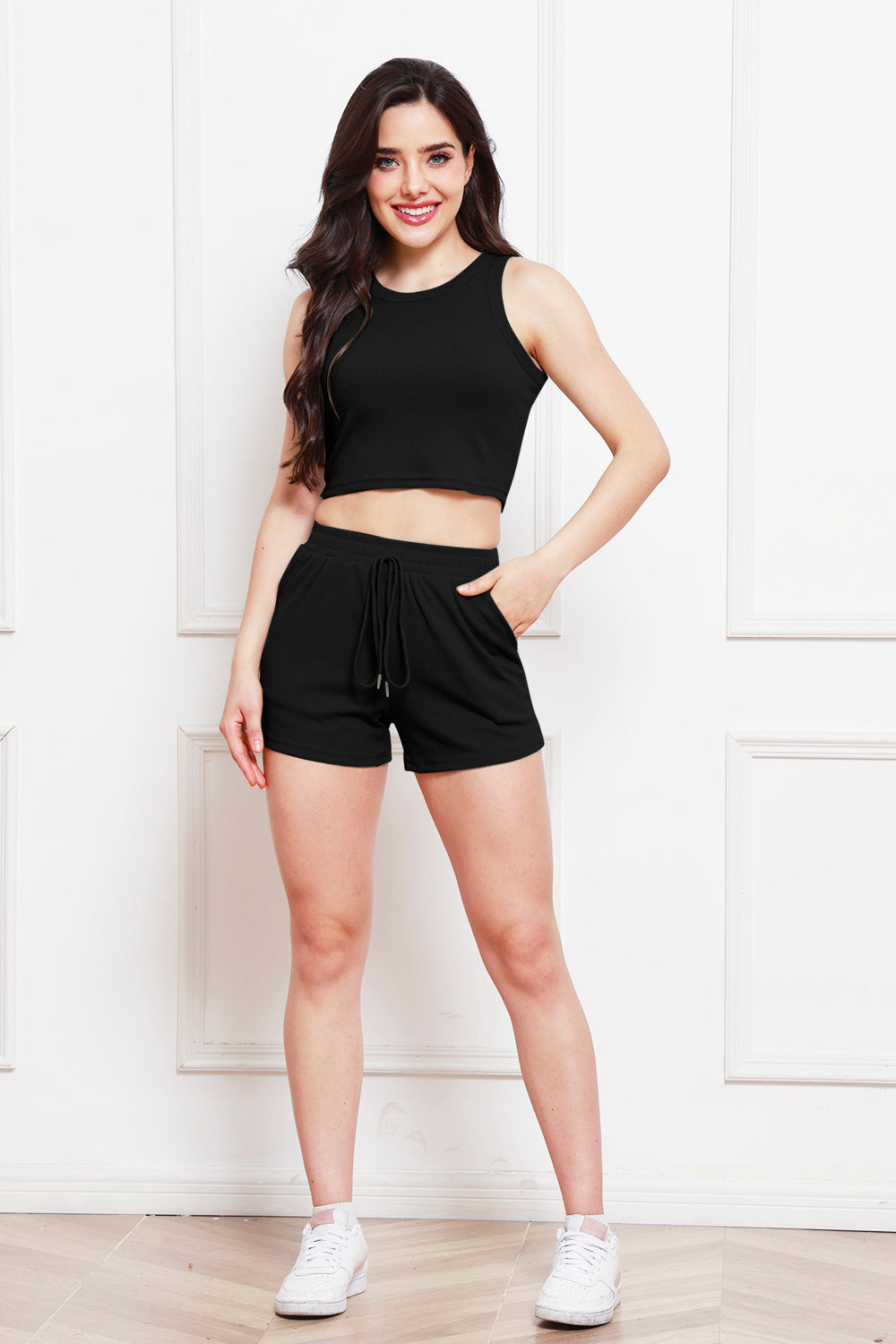 Round Neck Tank and Drawstring Shorts Set - The Boutie Shop