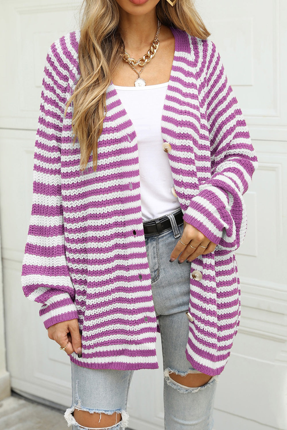 Angel Wings Striped Button Up Long Sleeve Cardigan - The Boutie Shop