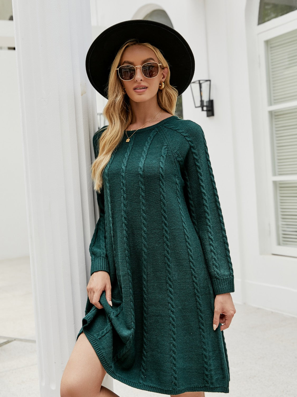 Cable-Knit Long Sleeve Sweater Dress - The Boutie Shop