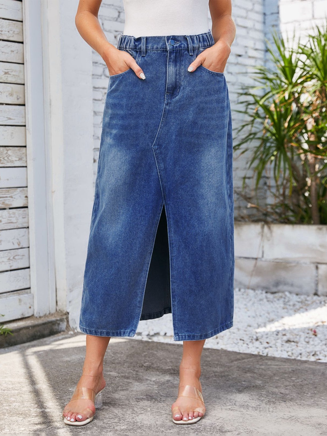 Slit Midi Denim Skirt with Pockets - The Boutie Shop