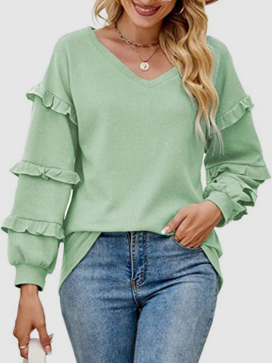 Ruffled V-Neck Long Sleeve T-Shirt - The Boutie Shop