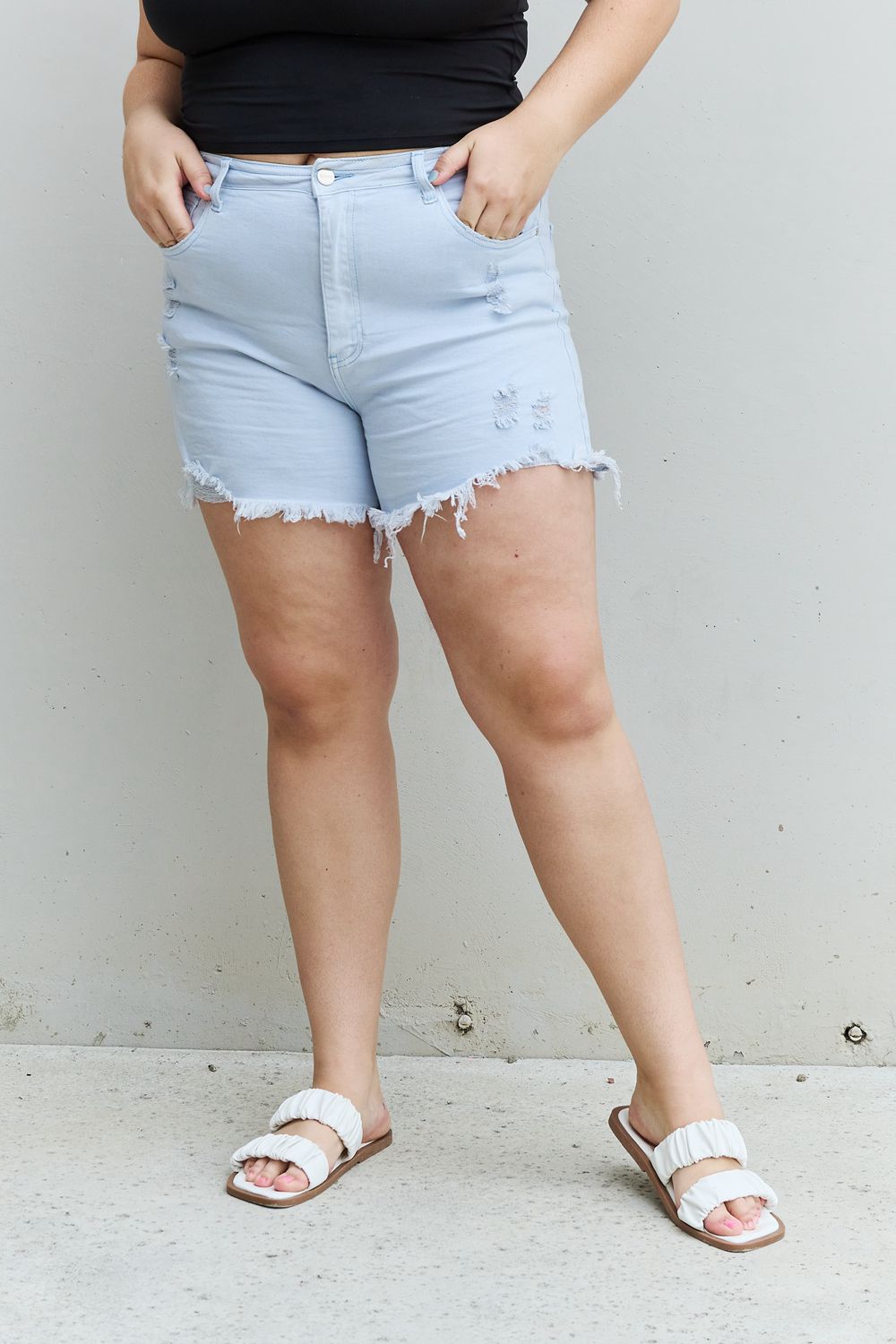 RISEN Katie Full Size High Waisted Distressed Shorts in Ice Blue - The Boutie Shop