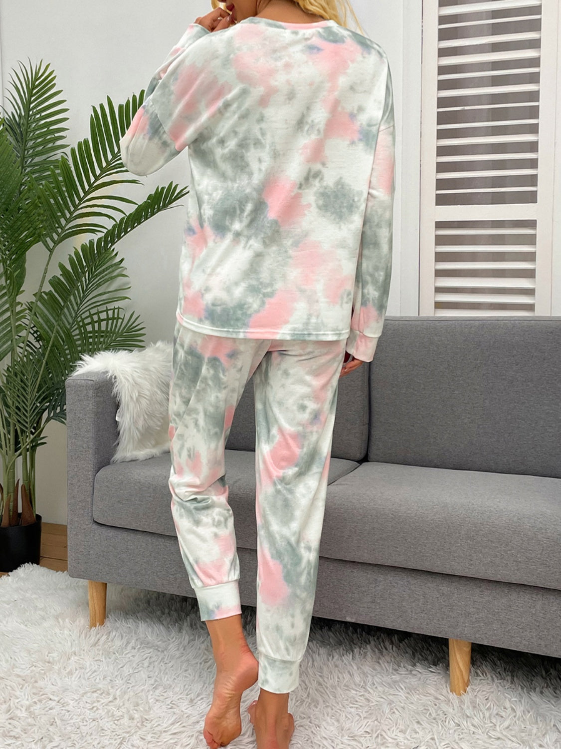 Shiny Tie-Dye Round Neck Top and Drawstring Pants Lounge Set - The Boutie Shop