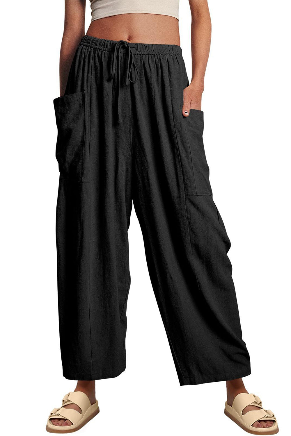 Full Size Pocketed Drawstring Wide Leg Pants - The Boutie Shop