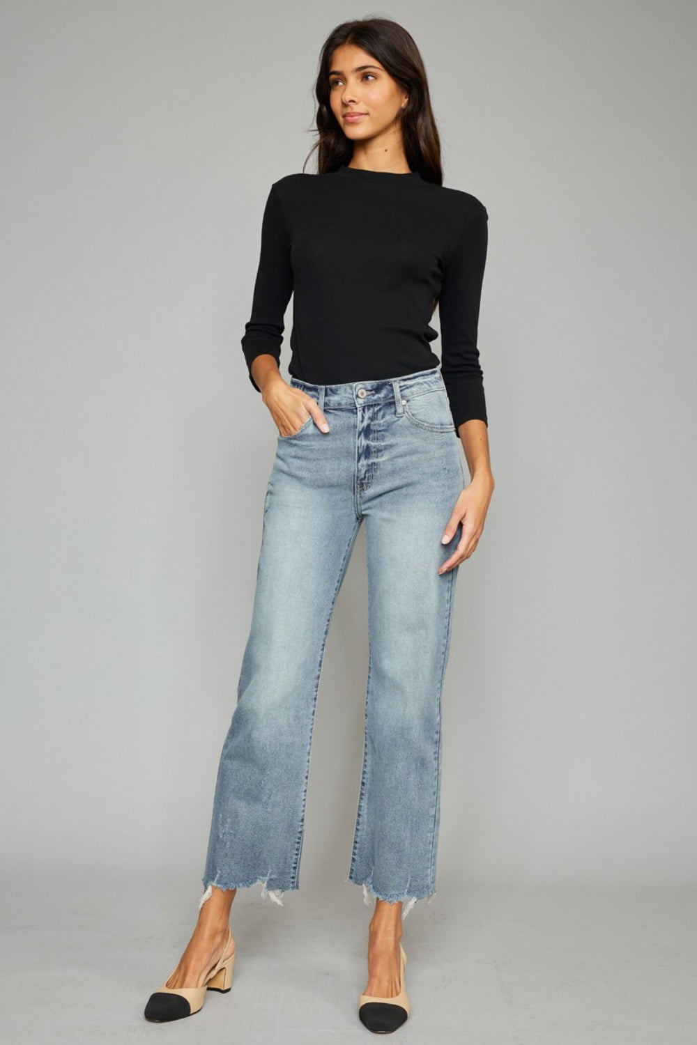 Kancan High Waist Raw Hem Cropped Wide Leg Jeans - The Boutie Shop