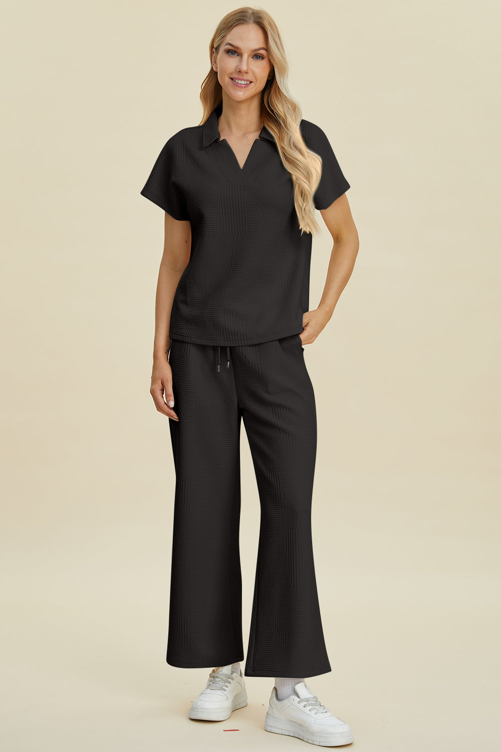 Double Take Full Size Collared Neck Short Sleeve Top and Pants Set - The Boutie Shop