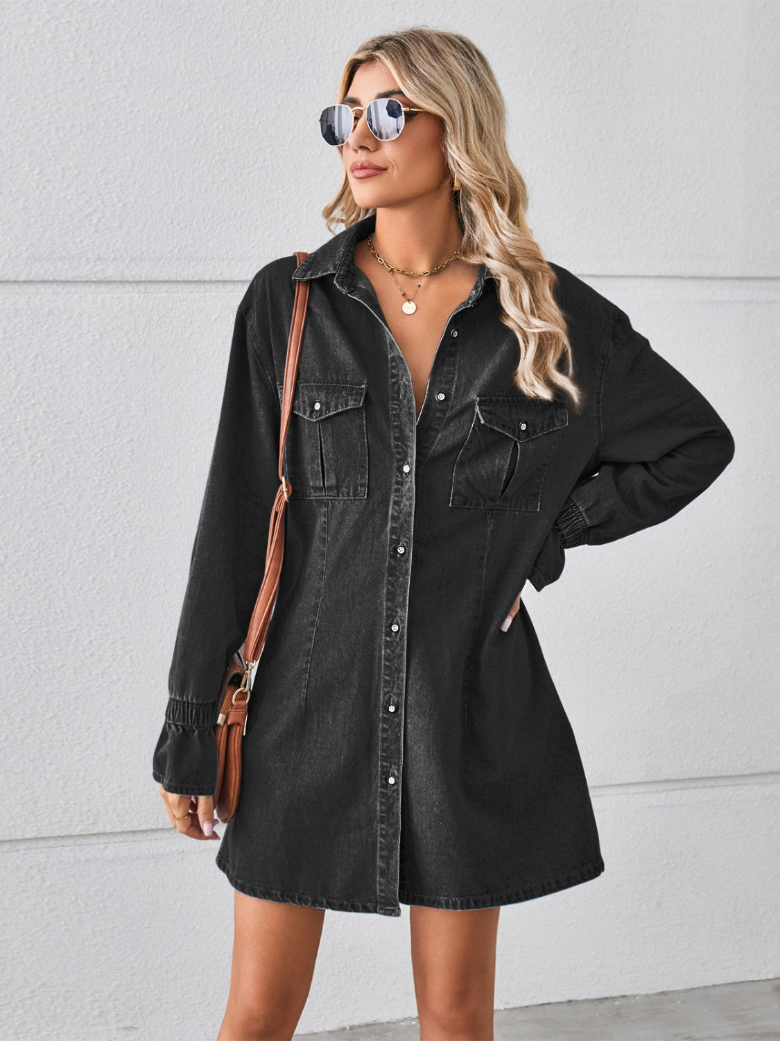 Pocketed Dropped Shoulder Mini Denim Dress - The Boutie Shop