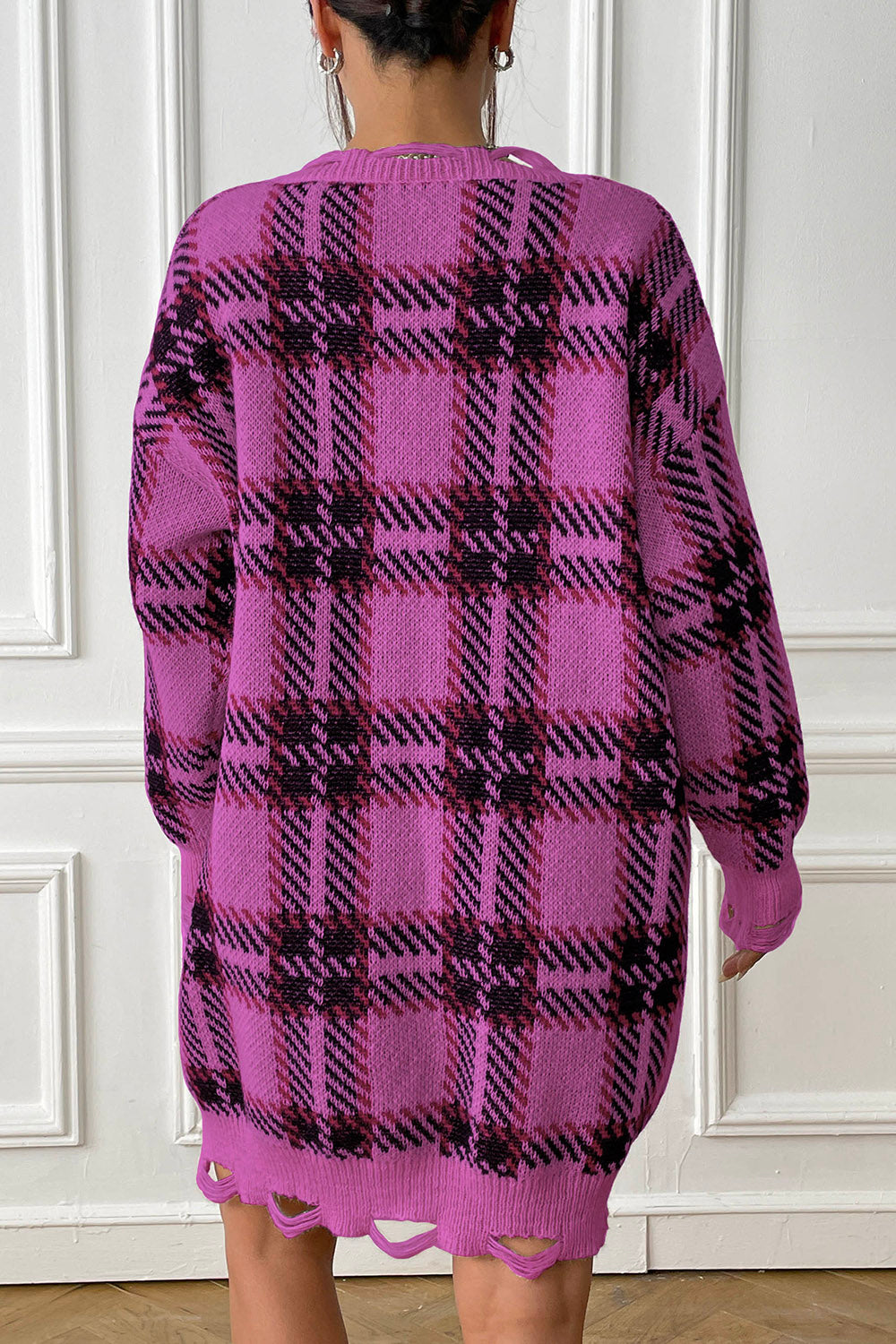 Plaid V-Neck Long Sleeve Sweater Dress - The Boutie Shop