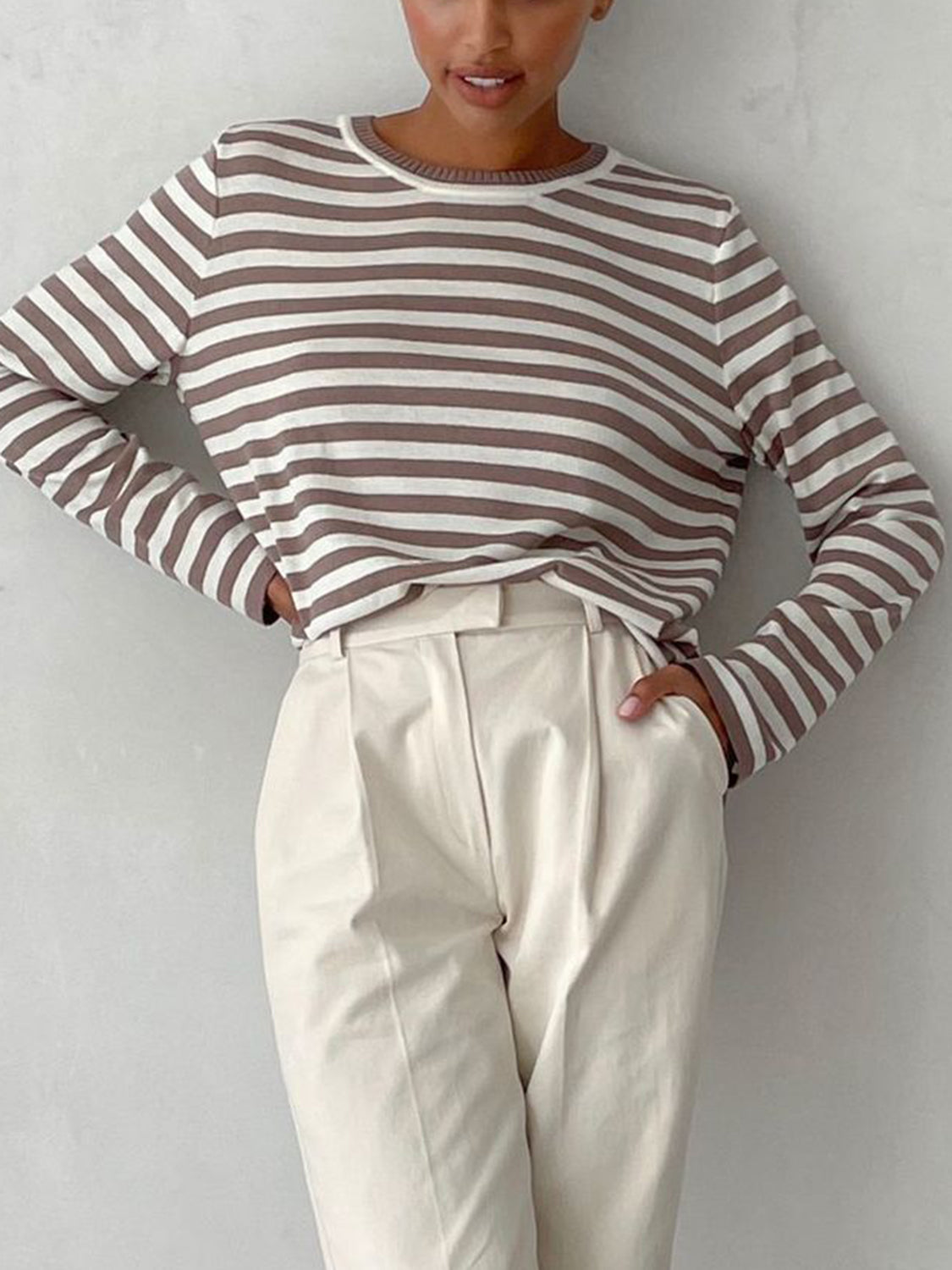 Striped Round Neck Long Sleeve Sweater - The Boutie Shop