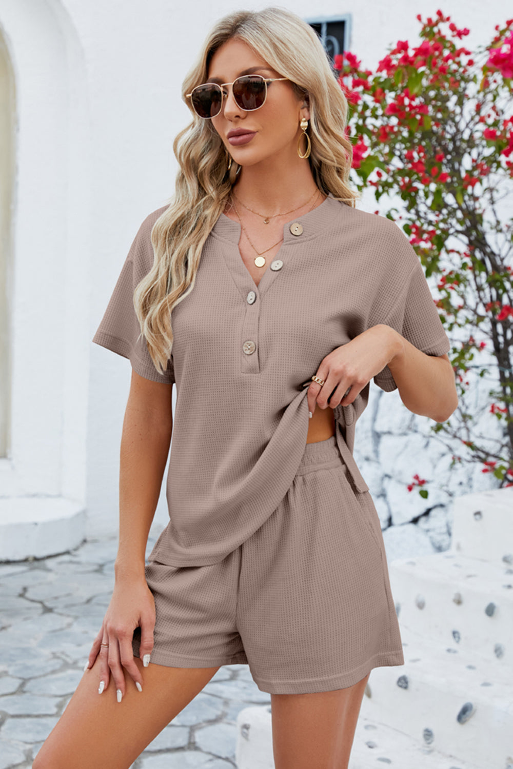 Notched Button Detail Dropped Shoulder Top and Shorts Set - The Boutie Shop